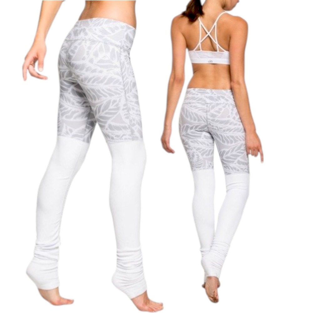 Alo Yoga Goddess Leggings Large Gray White Palm Print Ruched Ribbed Pilates